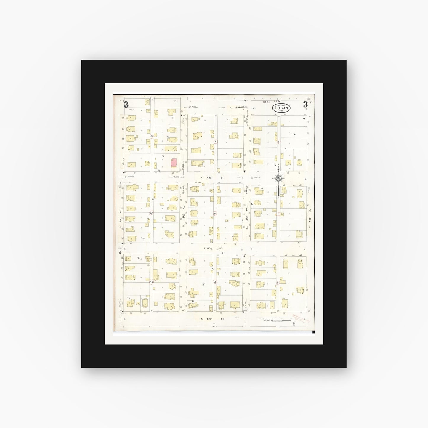 Old map wall art mockup — black gallery frame with white mat — Sanborn Fire Insurance Map from Logan, Harrison County, Iowa (1934), Sheet #0003