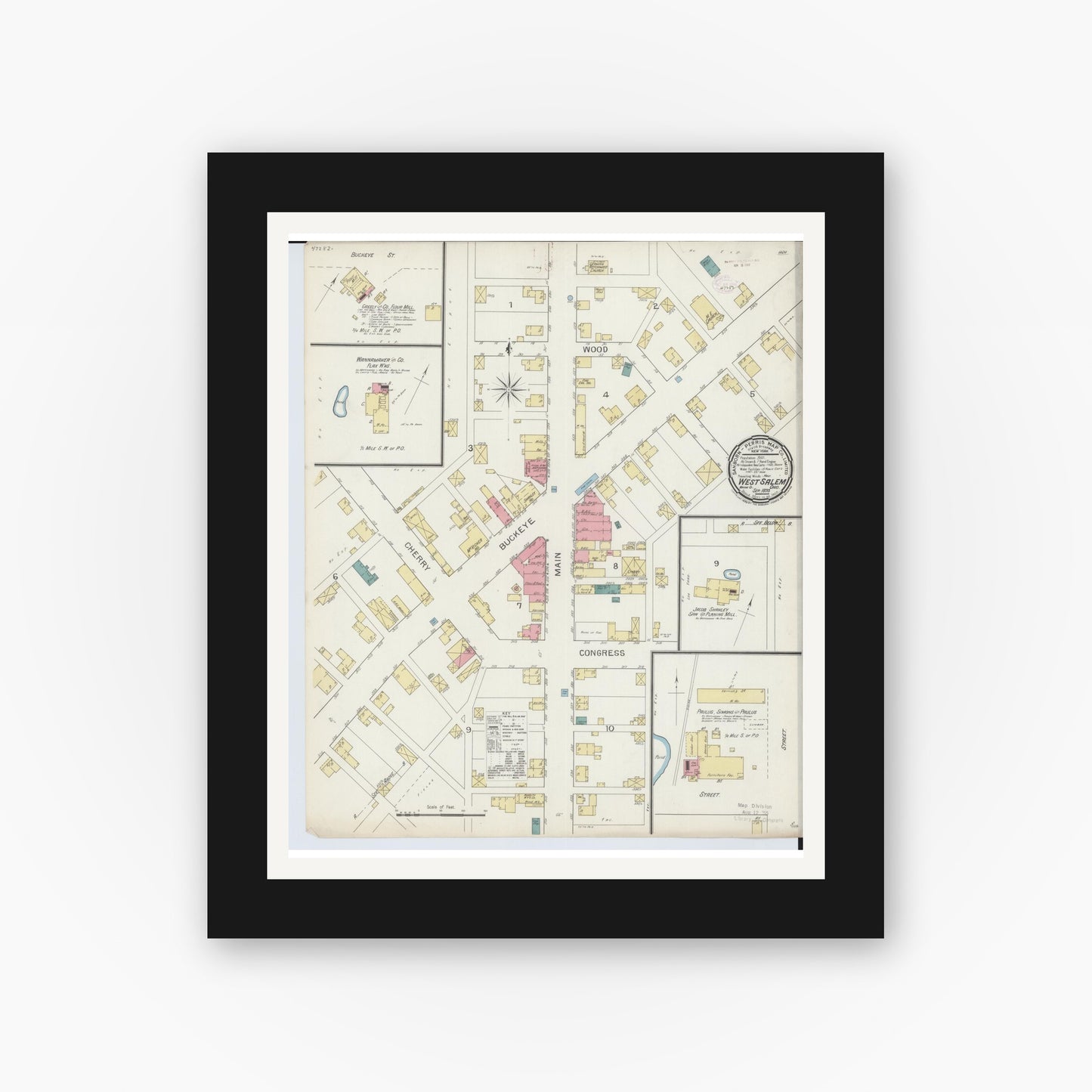 Old map wall art mockup — black gallery frame with white mat — Sanborn Fire Insurance Map from West Salem, Wayne County, Ohio (1893), Sheet #0001