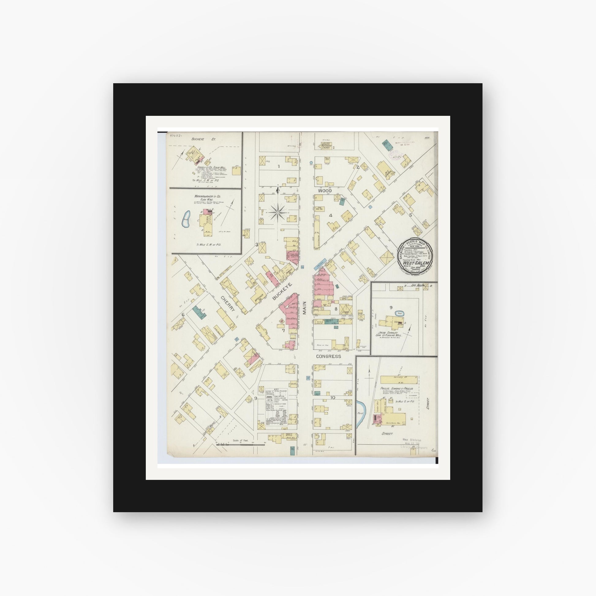 Old map wall art mockup — black gallery frame with white mat — Sanborn Fire Insurance Map from West Salem, Wayne County, Ohio (1893), Sheet #0001