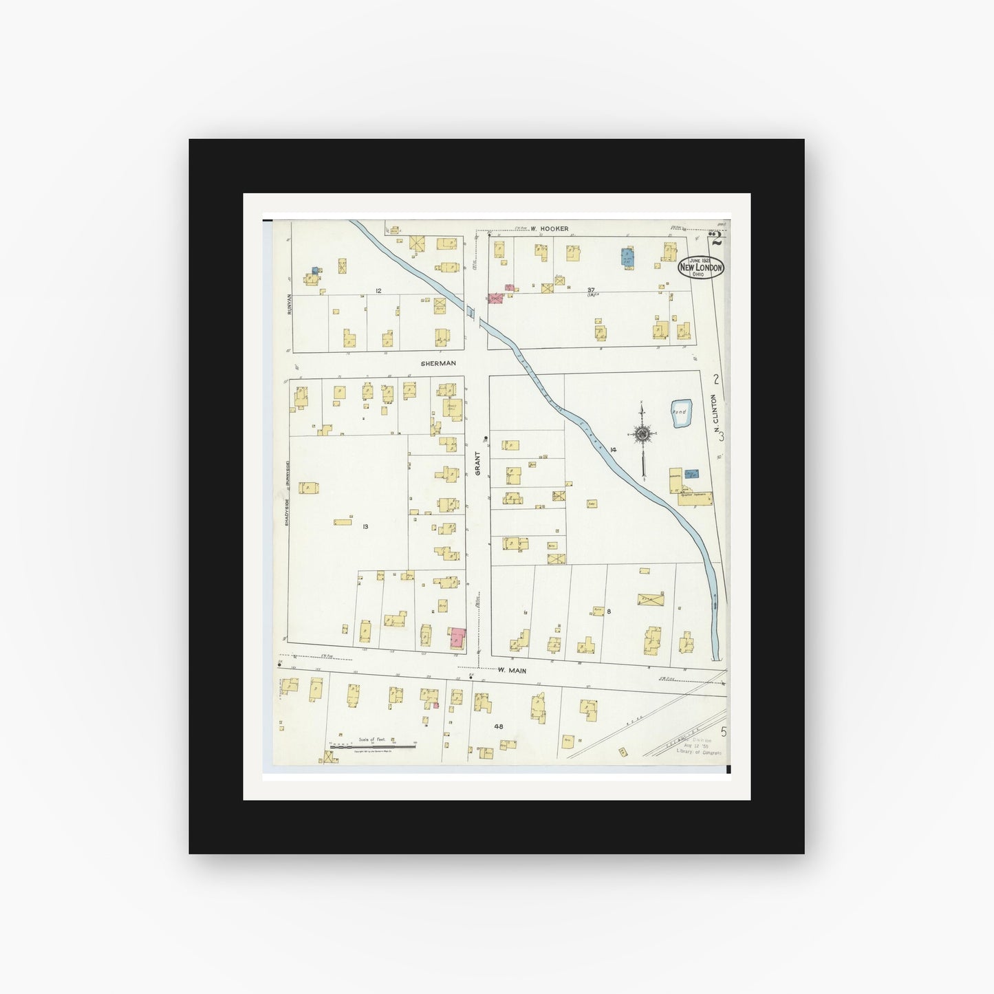 Old map wall art mockup — black gallery frame with white mat — Sanborn Fire Insurance Map from New London, Huron County, Ohio (1921), Sheet #0002