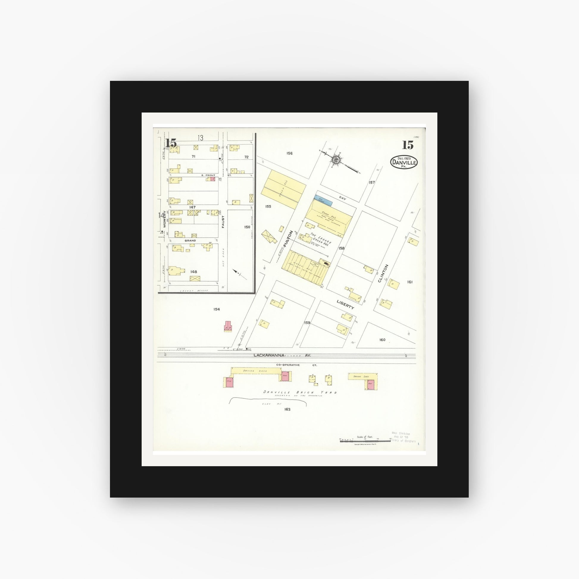 Old map wall art mockup — black gallery frame with white mat — Sanborn Fire Insurance Map from Danville, Montour County, Pennsylvania (1923), Sheet #0015