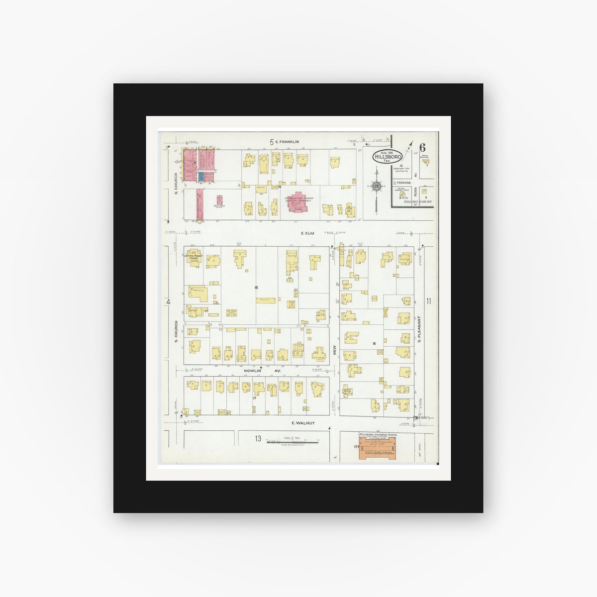 Old map wall art mockup — black gallery frame with white mat — Sanborn Fire Insurance Map from Hillsboro, Hill County, Texas (1918), Sheet #0006