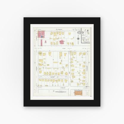 Old map wall art mockup — black gallery frame with white mat — Sanborn Fire Insurance Map from Hillsboro, Hill County, Texas (1918), Sheet #0006