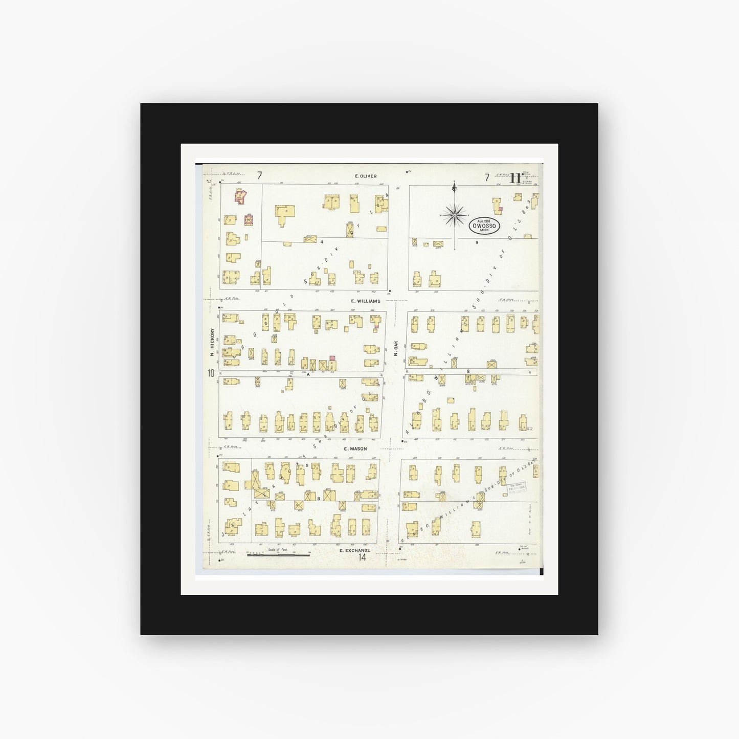 Old map wall art mockup — black gallery frame with white mat — Sanborn Fire Insurance Map from Owosso, Shiawassee County, Michigan (1908), Sheet #0011