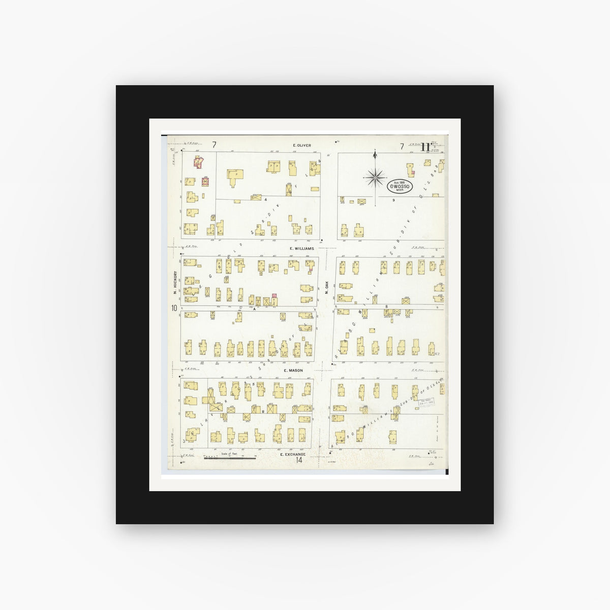 Old map wall art mockup — black gallery frame with white mat — Sanborn Fire Insurance Map from Owosso, Shiawassee County, Michigan (1908), Sheet #0011