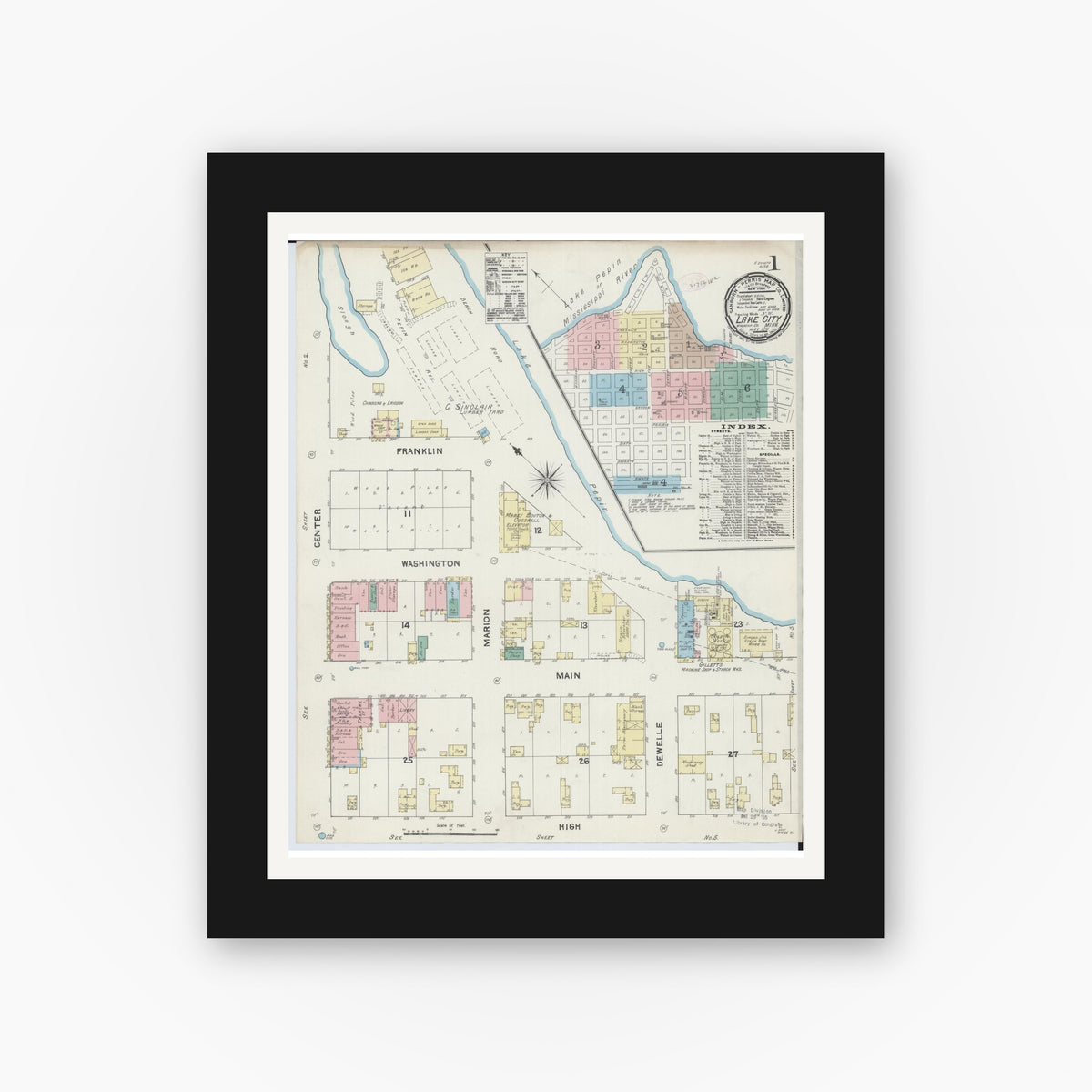 Old map wall art mockup — black gallery frame with white mat — Sanborn Fire Insurance Map from Lake City, Wabasha County, Minnesota (1891), Sheet #0001