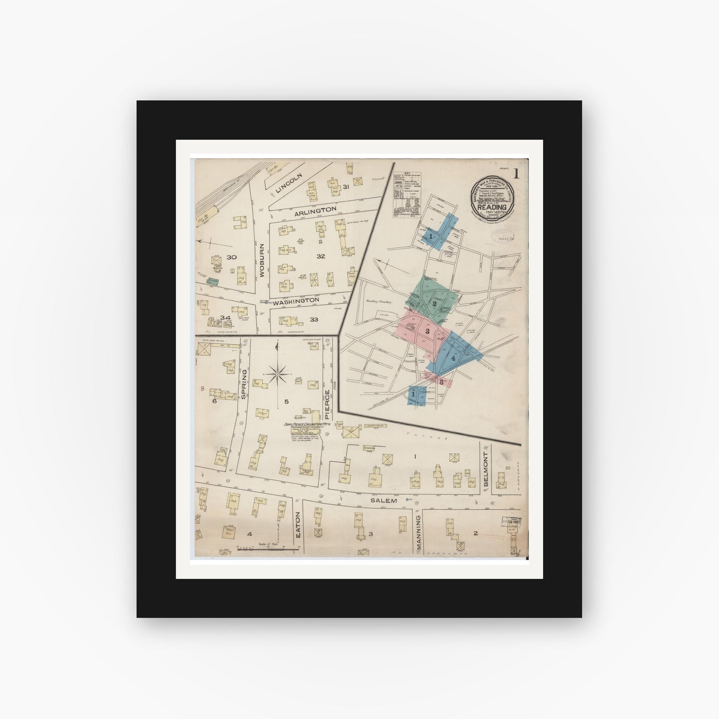 Old map wall art mockup — black gallery frame with white mat — Sanborn Fire Insurance Map from Reading, Middlesex County, Massachusetts (1885) - Complete Map Set