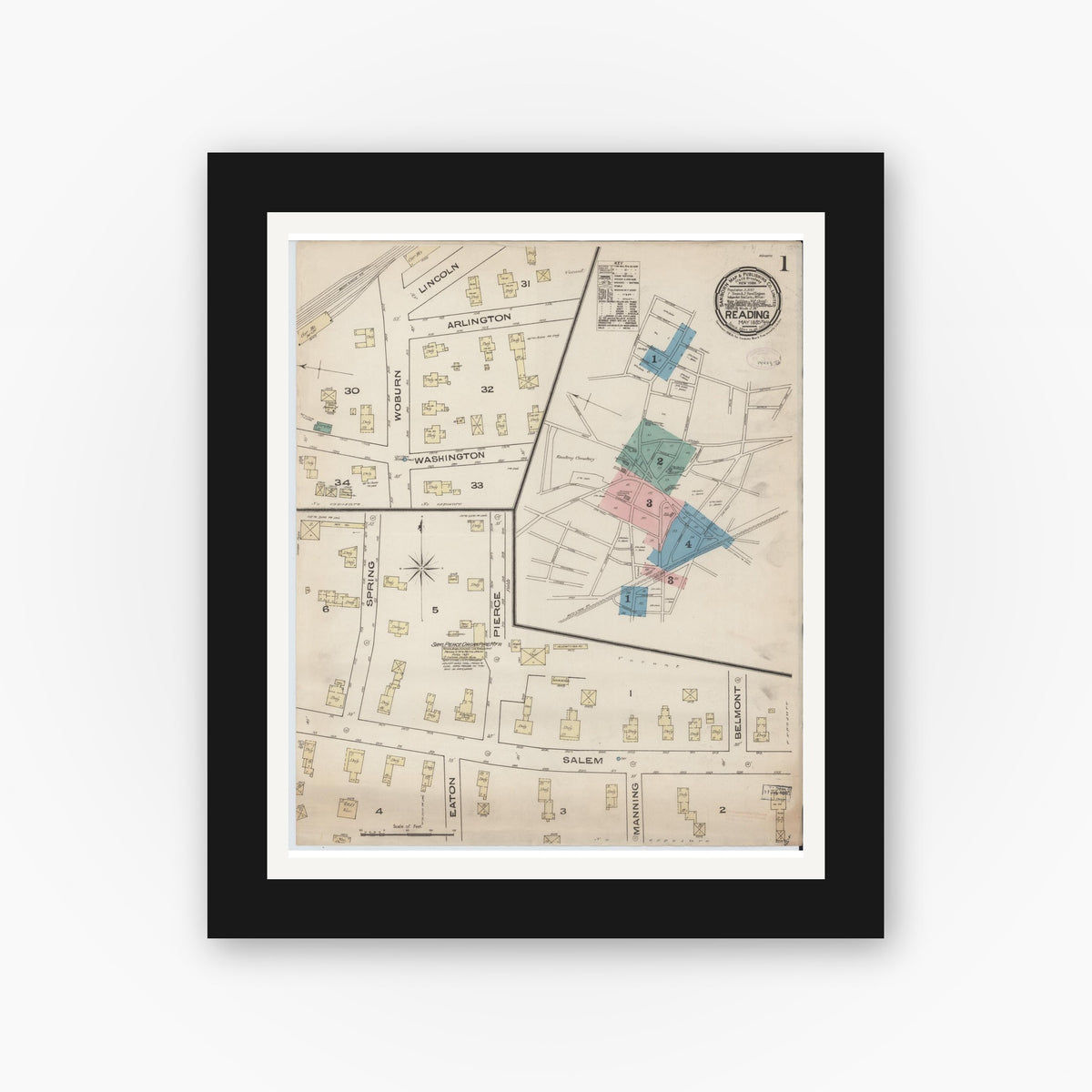 Old map wall art mockup — black gallery frame with white mat — Sanborn Fire Insurance Map from Reading, Middlesex County, Massachusetts (1885) - Complete Map Set