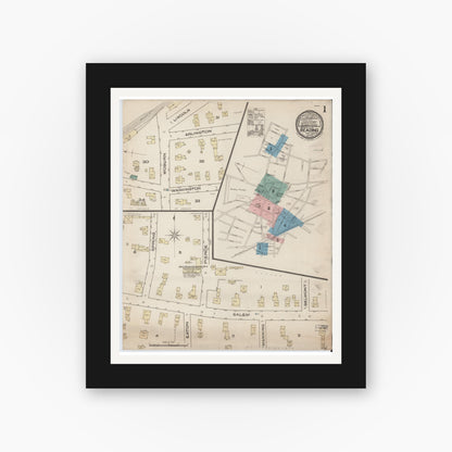 Old map wall art mockup — black gallery frame with white mat — Sanborn Fire Insurance Map from Reading, Middlesex County, Massachusetts (1885) - Complete Map Set