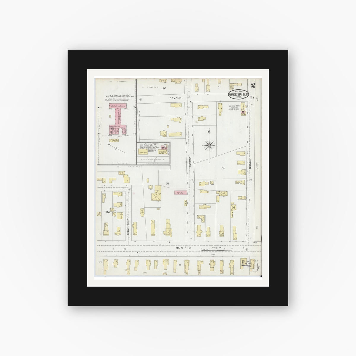 Old map wall art mockup — black gallery frame with white mat — Sanborn Fire Insurance Map from Greenfield, Franklin County, Massachusetts (1892), Sheet #0002