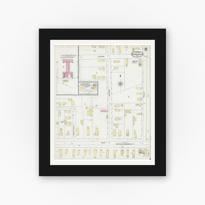 Old map wall art mockup — black gallery frame with white mat — Sanborn Fire Insurance Map from Greenfield, Franklin County, Massachusetts (1892), Sheet #0002