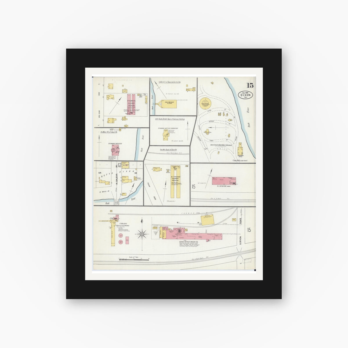 Old map wall art mockup — black gallery frame with white mat — Sanborn Fire Insurance Map from Dixon, Lee County, Illinois (1902), Sheet #0015