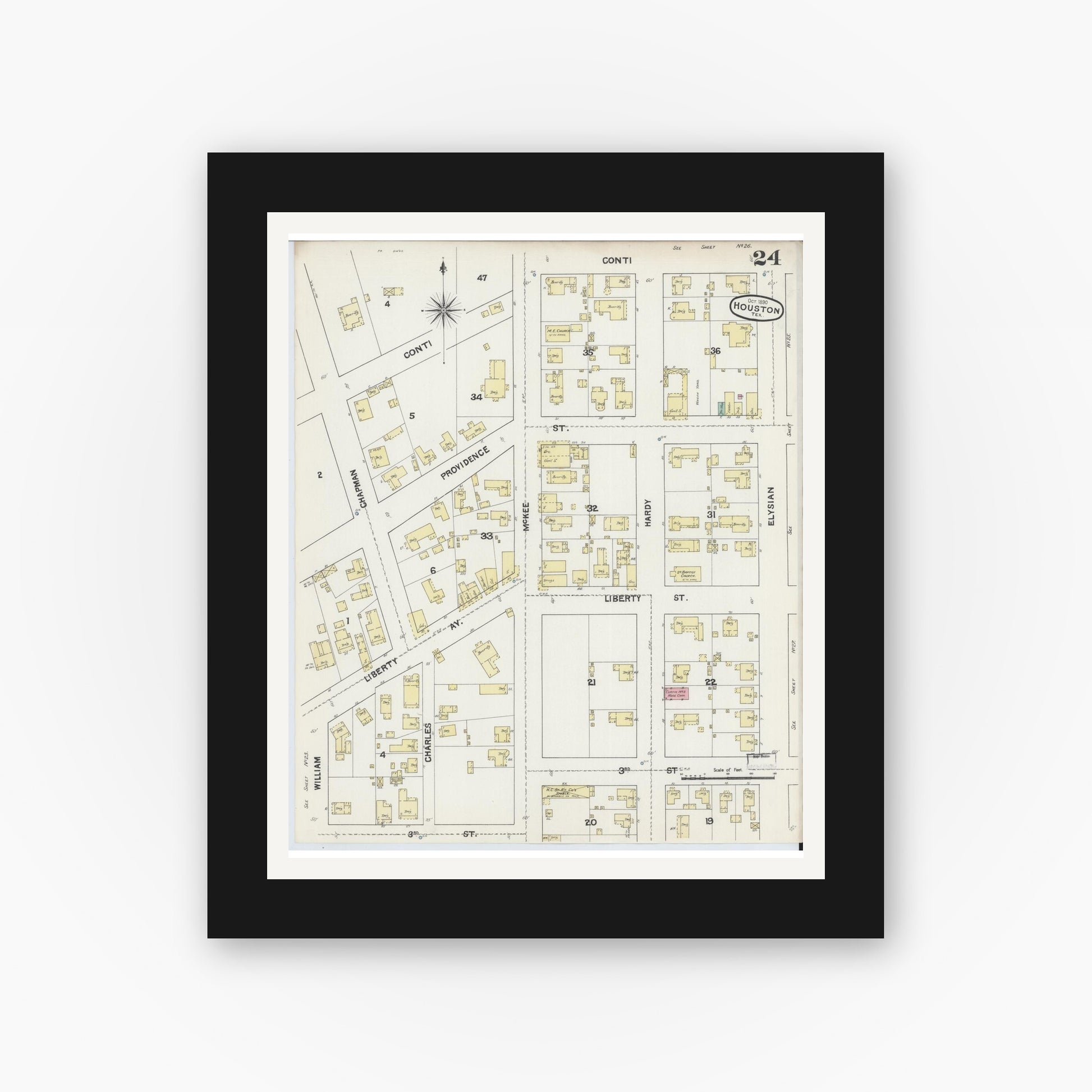 Old map wall art mockup — black gallery frame with white mat — Sanborn Fire Insurance Map from Houston, Harris County, Texas (1890), Sheet #0024