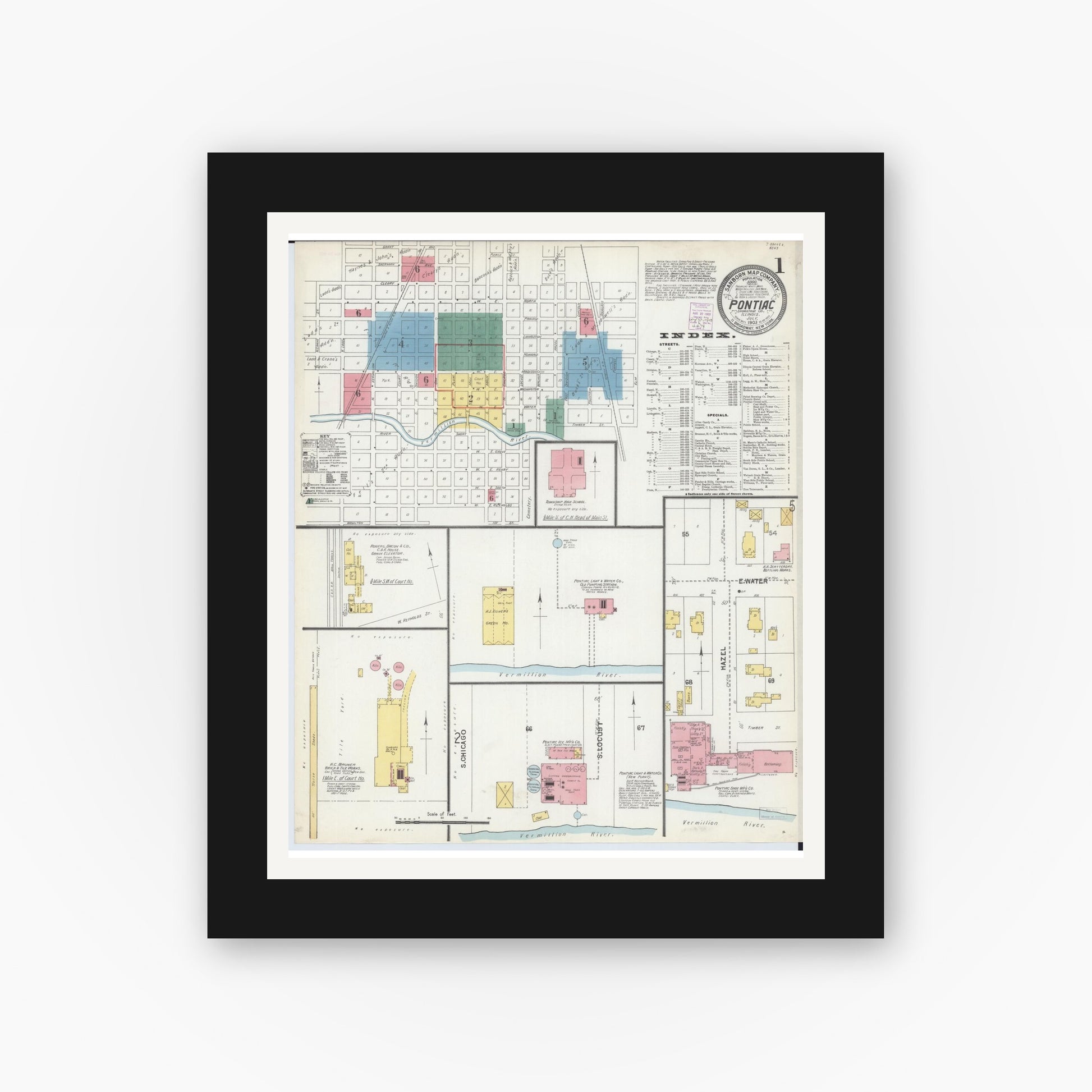 Old map wall art mockup — black gallery frame with white mat — Sanborn Fire Insurance Map from Pontiac, Livingston County, Illinois (1903) - Complete Map Set