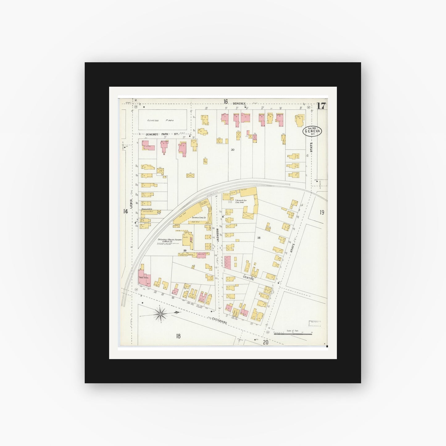 Old map wall art mockup — black gallery frame with white mat — Sanborn Fire Insurance Map from Geneva, Ontario County, New York (1903), Sheet #0017