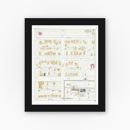 Old map wall art mockup — black gallery frame with white mat — Sanborn Fire Insurance Map from Spring Valley, Bureau County, Illinois (1906), Sheet #0007