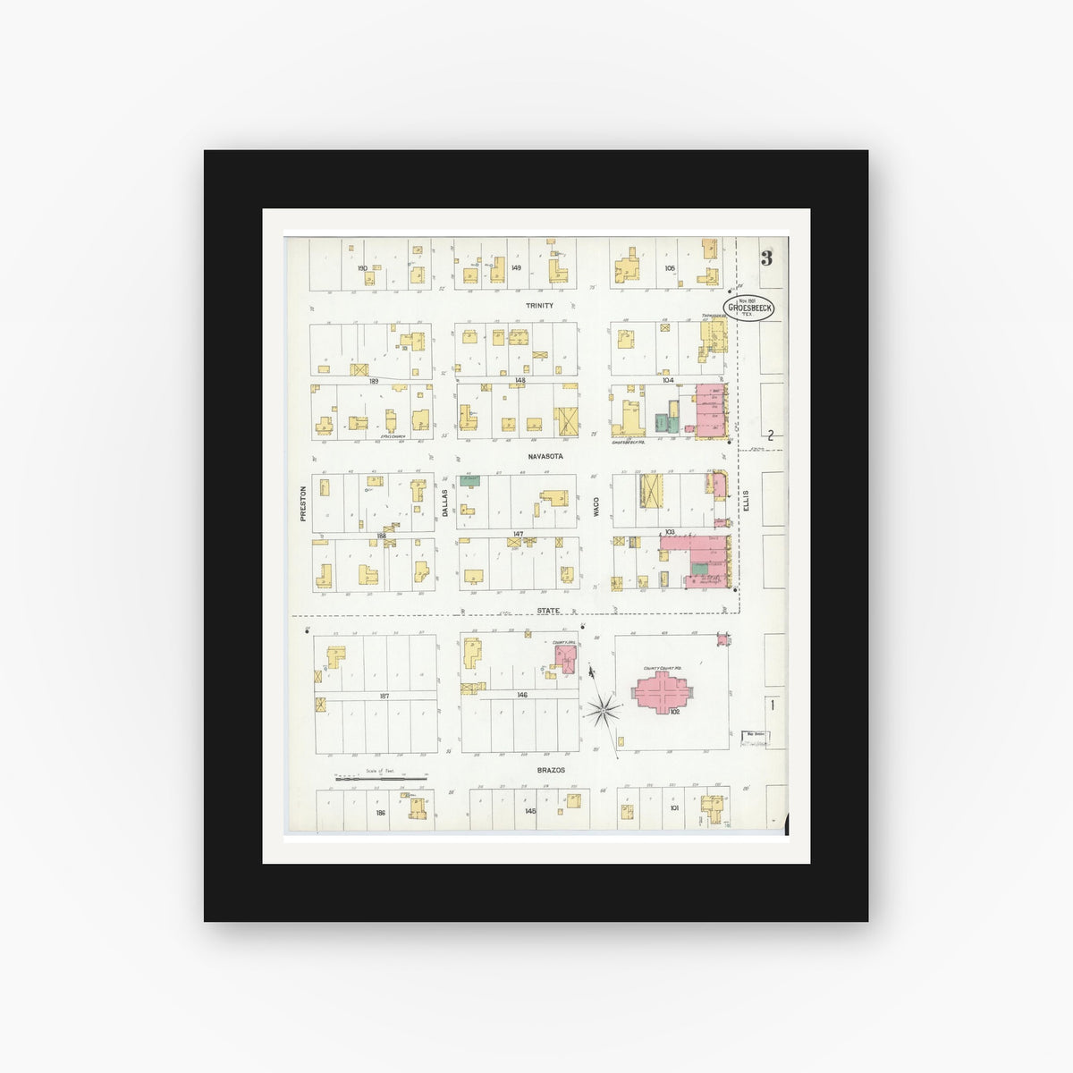 Old map wall art mockup — black gallery frame with white mat — Sanborn Fire Insurance Map from Groesbeck, Limestone County, Texas (1901), Sheet #0003