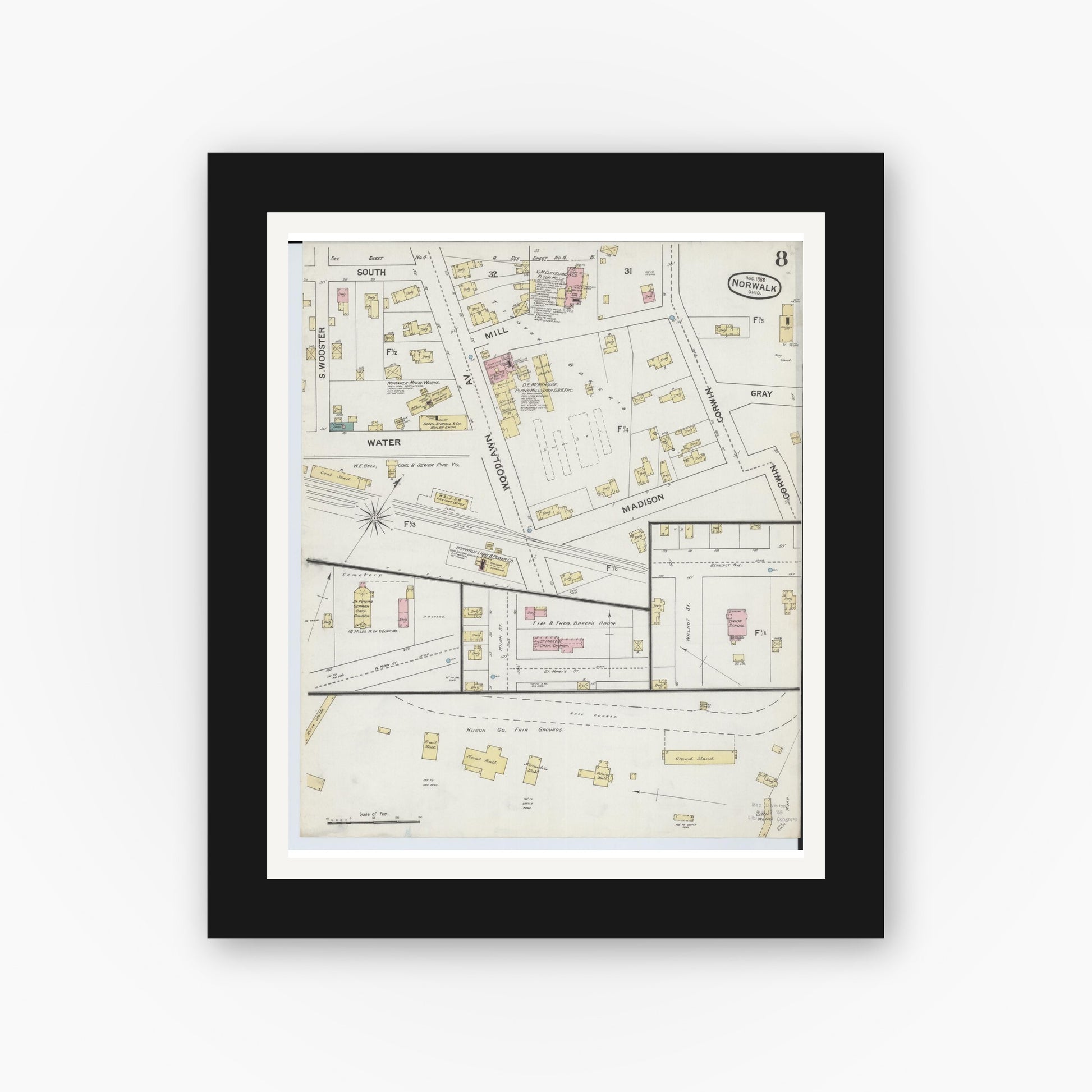 Old map wall art mockup — black gallery frame with white mat — Sanborn Fire Insurance Map from Norwalk, Huron County, Ohio (1888), Sheet #0008