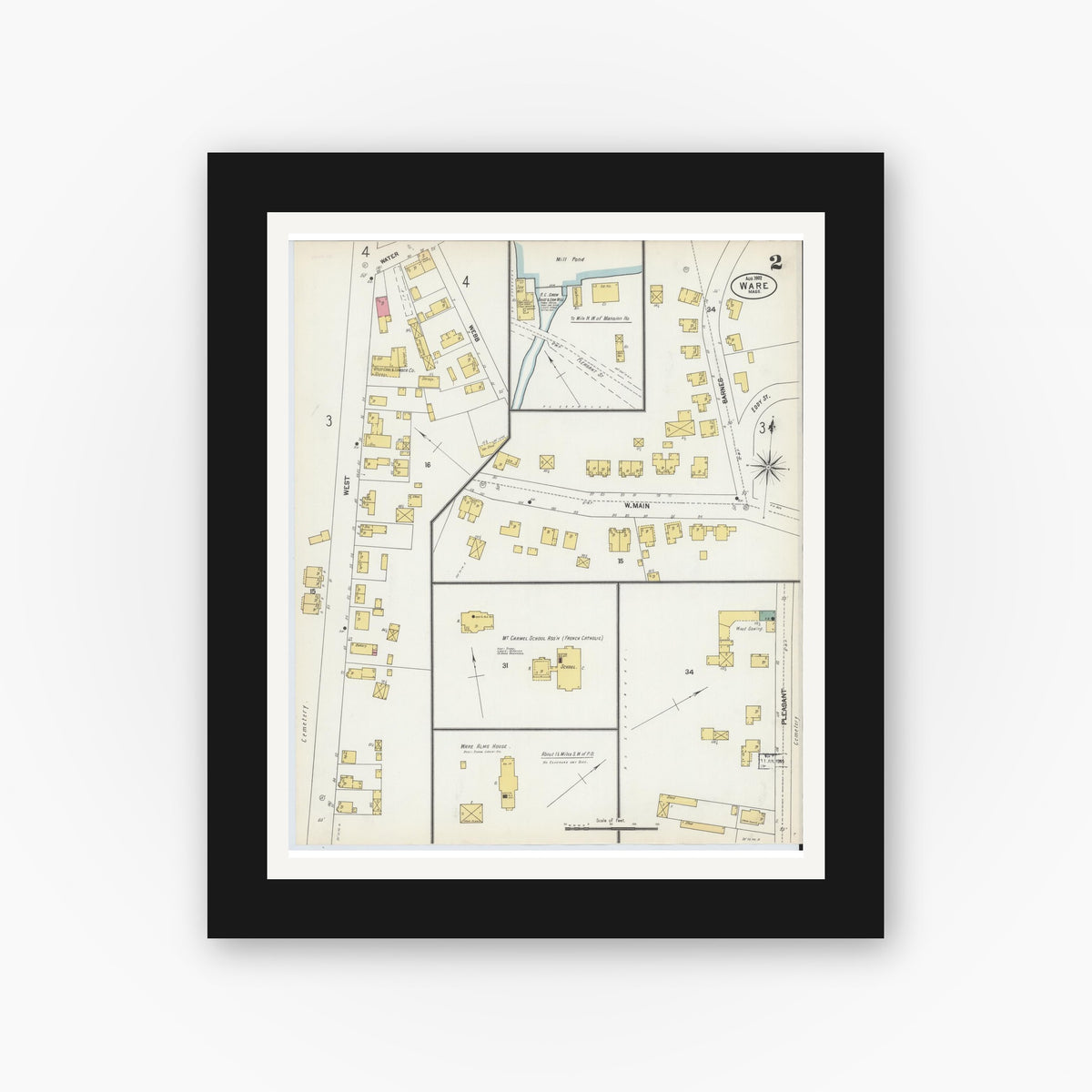 Old map wall art mockup — black gallery frame with white mat — Sanborn Fire Insurance Map from Ware, Hampshire County, Massachusetts (1902), Sheet #0002