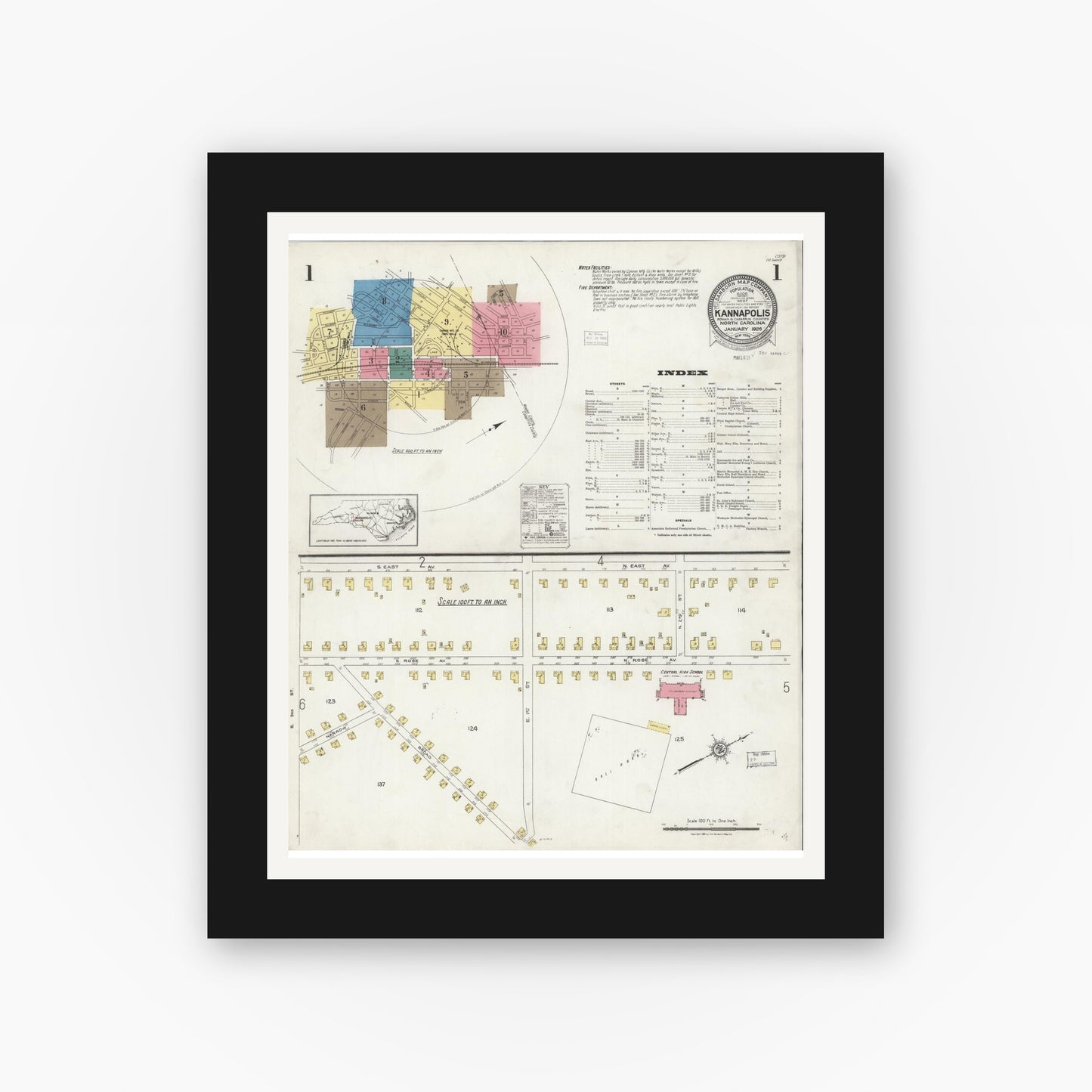Old map wall art mockup — black gallery frame with white mat — Sanborn Fire Insurance Map from Kannapolis, Rowan And Cabarrus Counties, North Carolina (1926) - Complete Map Set