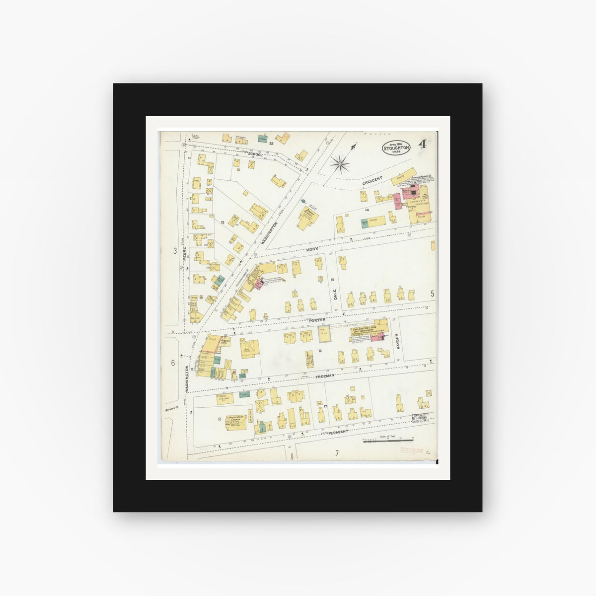 Old map wall art mockup — black gallery frame with white mat — Sanborn Fire Insurance Map from Stoughton, Norfolk County, Massachusetts (1906), Sheet #0004