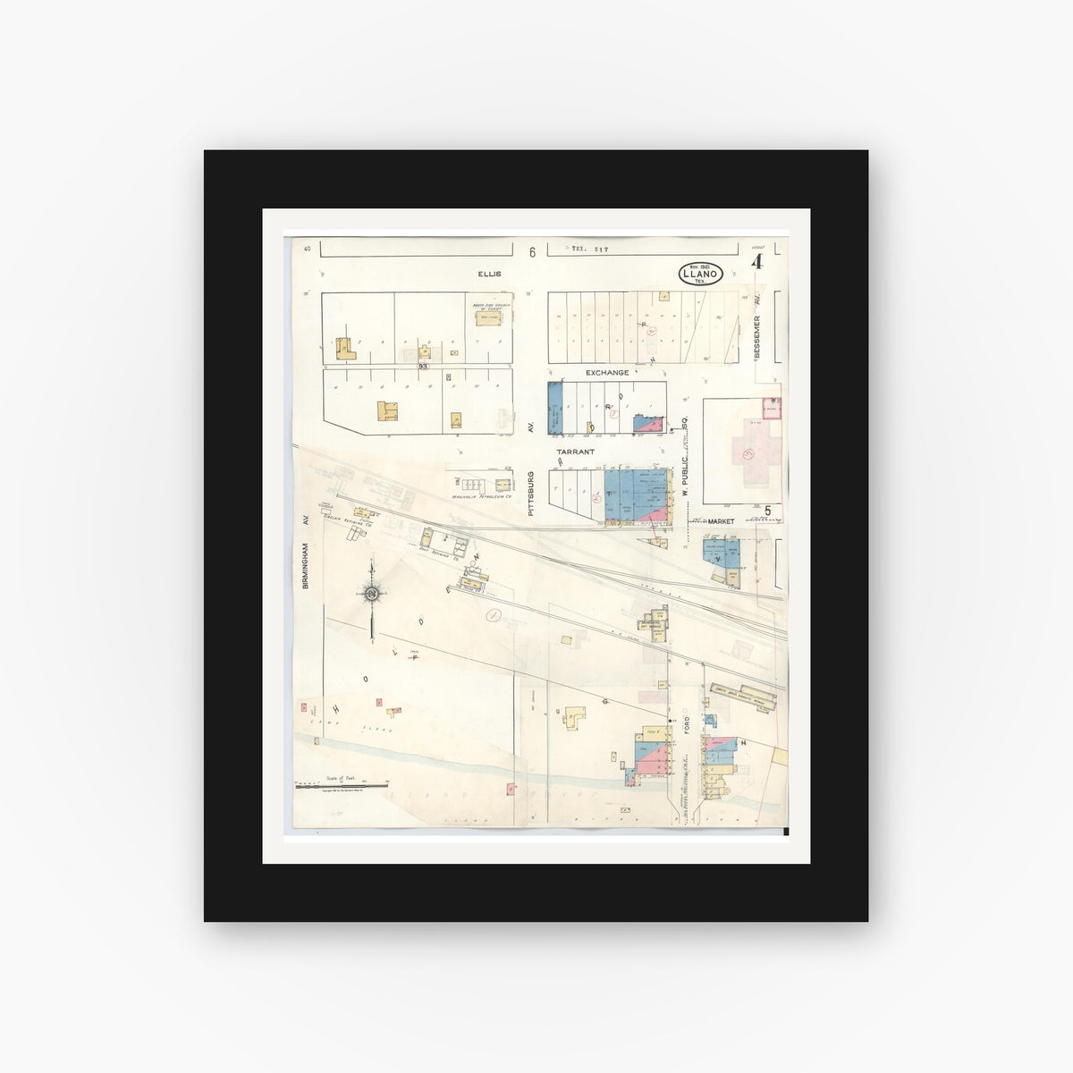 Old map wall art mockup — black gallery frame with white mat — Sanborn Fire Insurance Map from Llano, Llano County, Texas (1942), Sheet #0004