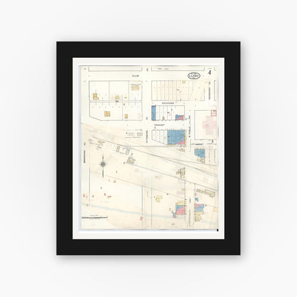 Old map wall art mockup — black gallery frame with white mat — Sanborn Fire Insurance Map from Llano, Llano County, Texas (1942), Sheet #0004
