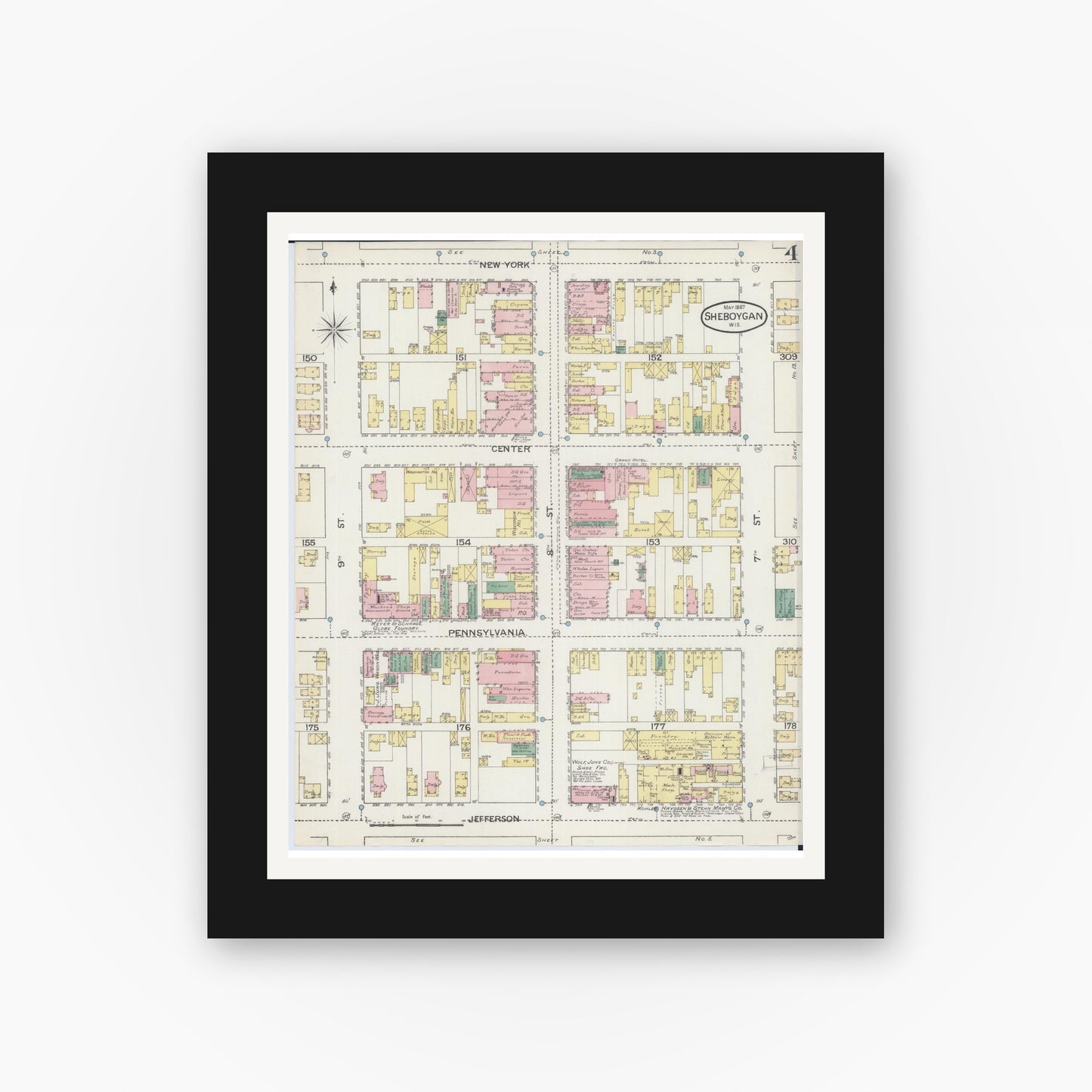 Old map wall art mockup — black gallery frame with white mat — Sanborn Fire Insurance Map from Sheboygan, Sheboygan County, Wisconsin (1887), Sheet #0004