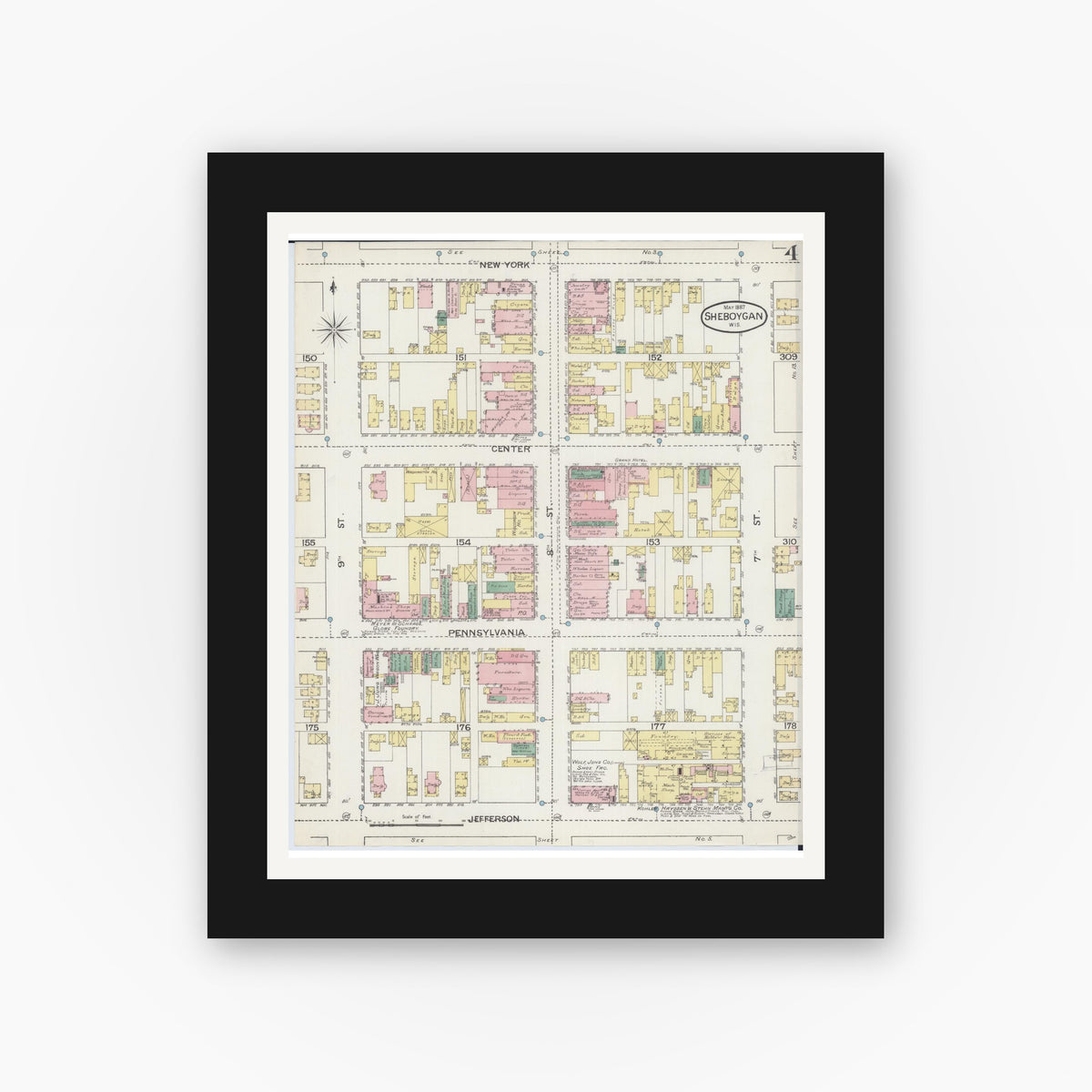 Old map wall art mockup — black gallery frame with white mat — Sanborn Fire Insurance Map from Sheboygan, Sheboygan County, Wisconsin (1887), Sheet #0004