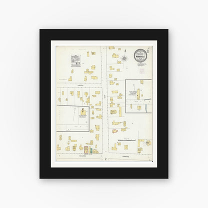 Old map wall art mockup — black gallery frame with white mat — Sanborn Fire Insurance Map from Mannsville, Jefferson County, New York (1906), Sheet #0001
