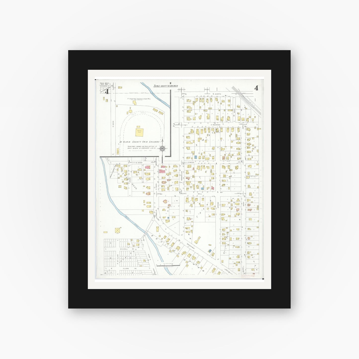 Old map wall art mockup — black gallery frame with white mat — Sanborn Fire Insurance Map from Yale, Saint Clair County, Michigan (1937), Sheet #0004
