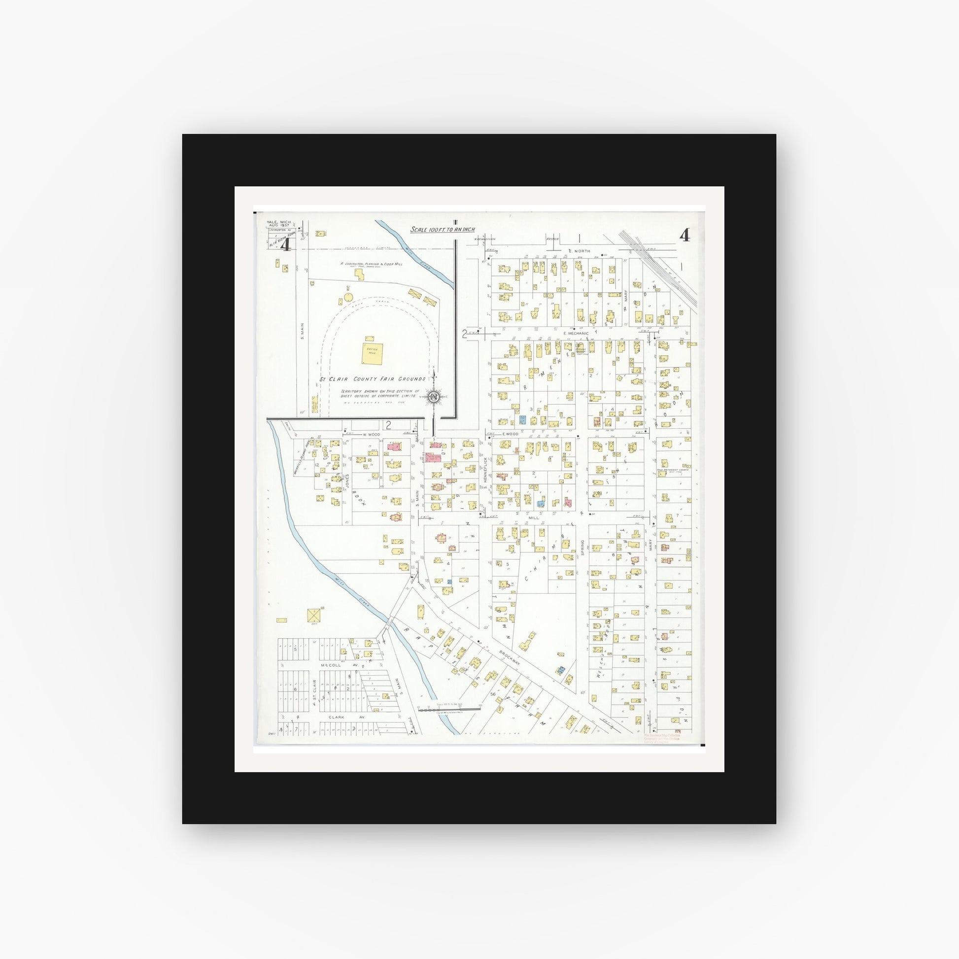 Old map wall art mockup — black gallery frame with white mat — Sanborn Fire Insurance Map from Yale, Saint Clair County, Michigan (1937), Sheet #0004