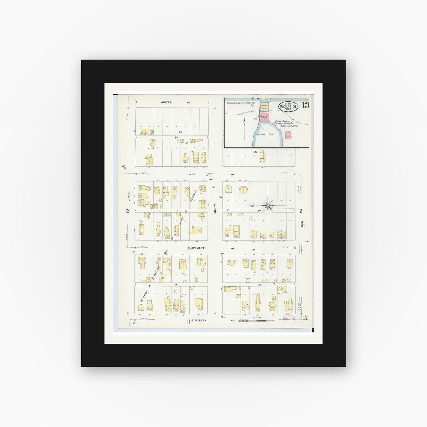 Old map wall art mockup — black gallery frame with white mat — Sanborn Fire Insurance Map from Big Rapids, Mecosta County, Michigan (1908), Sheet #0013