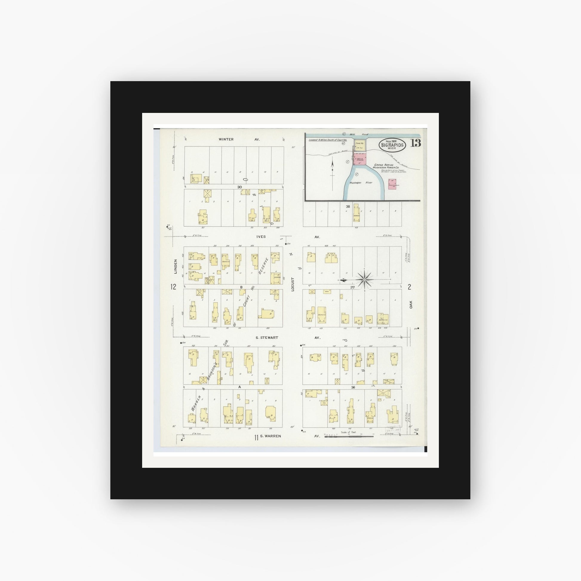 Old map wall art mockup — black gallery frame with white mat — Sanborn Fire Insurance Map from Big Rapids, Mecosta County, Michigan (1908), Sheet #0013
