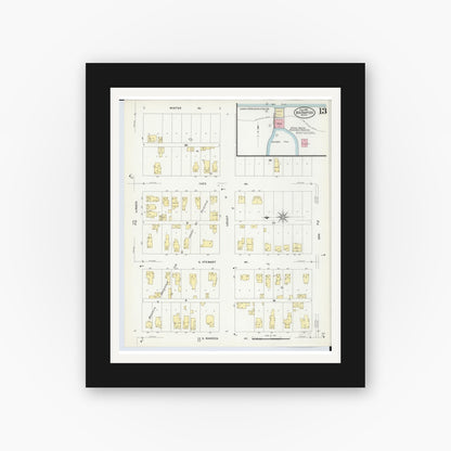 Old map wall art mockup — black gallery frame with white mat — Sanborn Fire Insurance Map from Big Rapids, Mecosta County, Michigan (1908), Sheet #0013