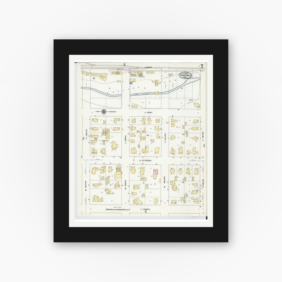 Old map wall art mockup — black gallery frame with white mat — Sanborn Fire Insurance Map from Hastings, Barry County, Michigan (1909), Sheet #0007
