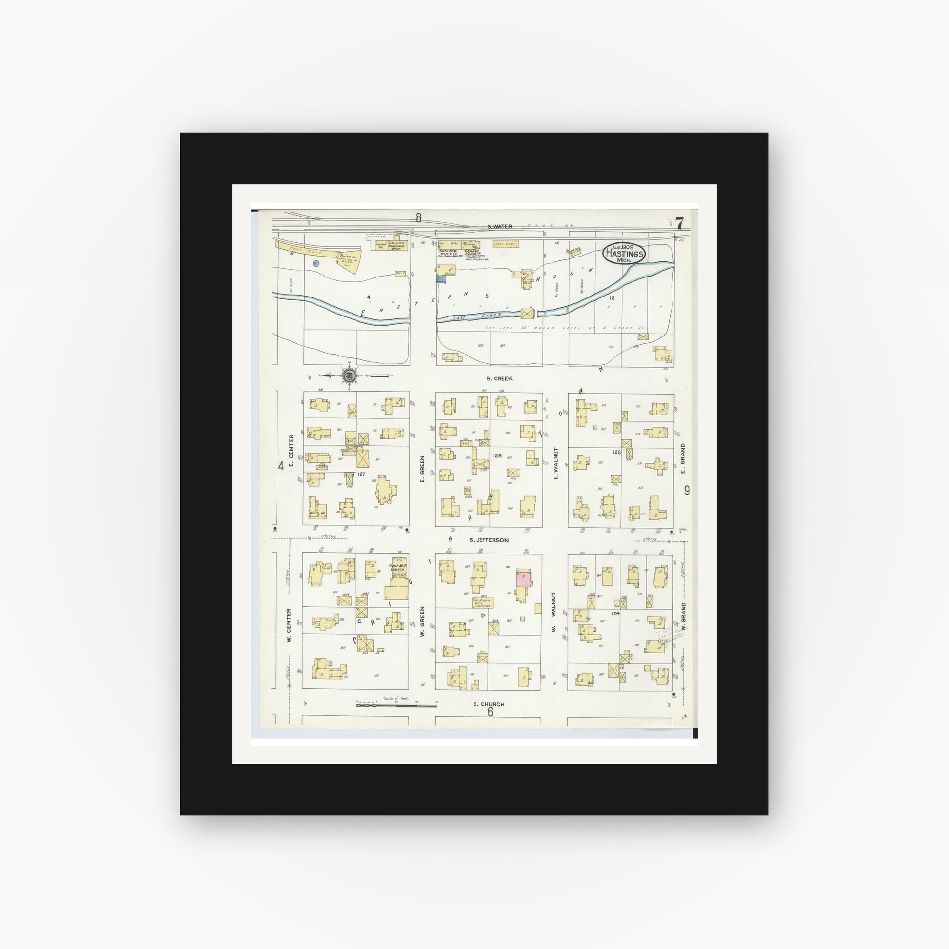 Old map wall art mockup — black gallery frame with white mat — Sanborn Fire Insurance Map from Hastings, Barry County, Michigan (1909), Sheet #0007