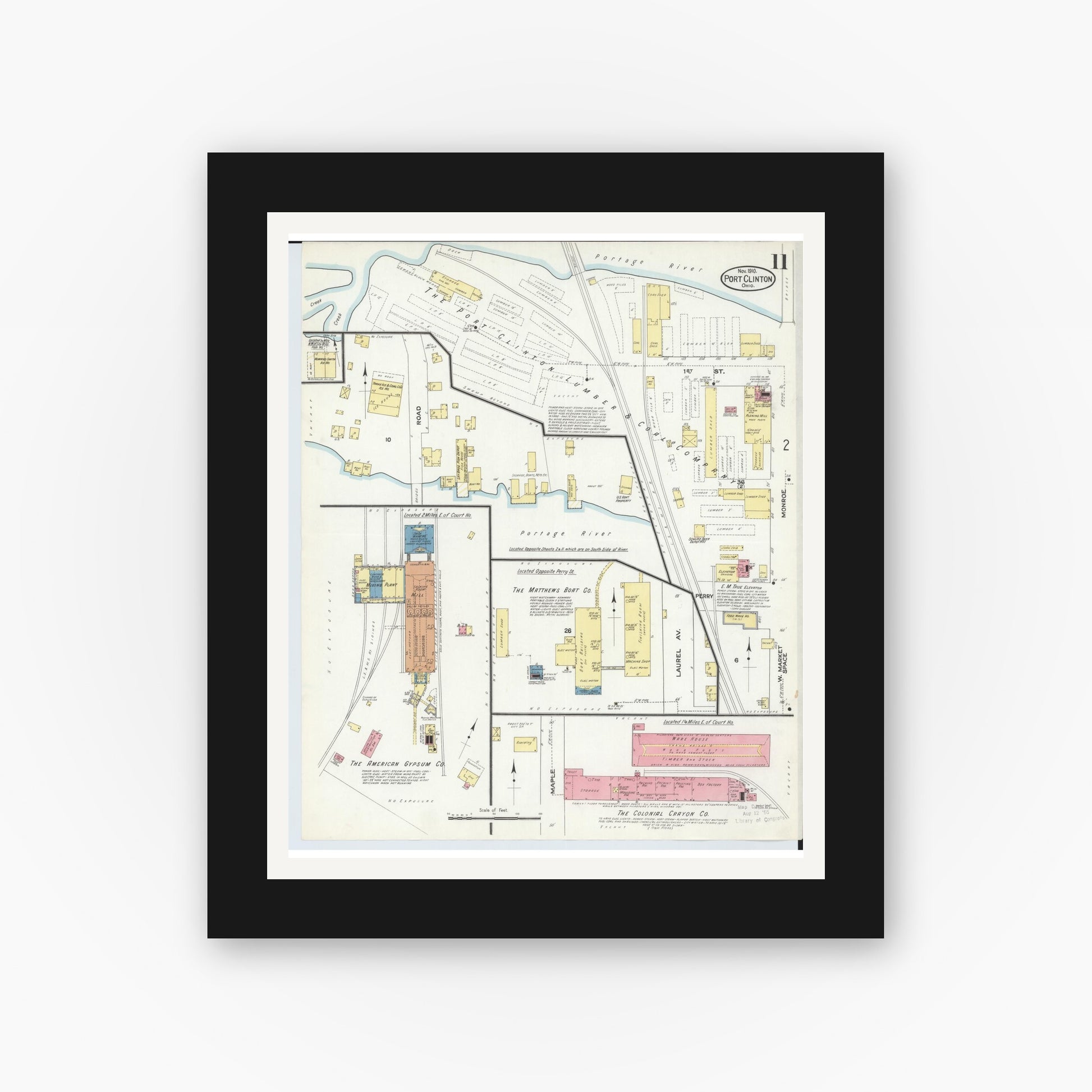 Old map wall art mockup — black gallery frame with white mat — Sanborn Fire Insurance Map from Port Clinton, Ottawa County, Ohio (1910), Sheet #0011