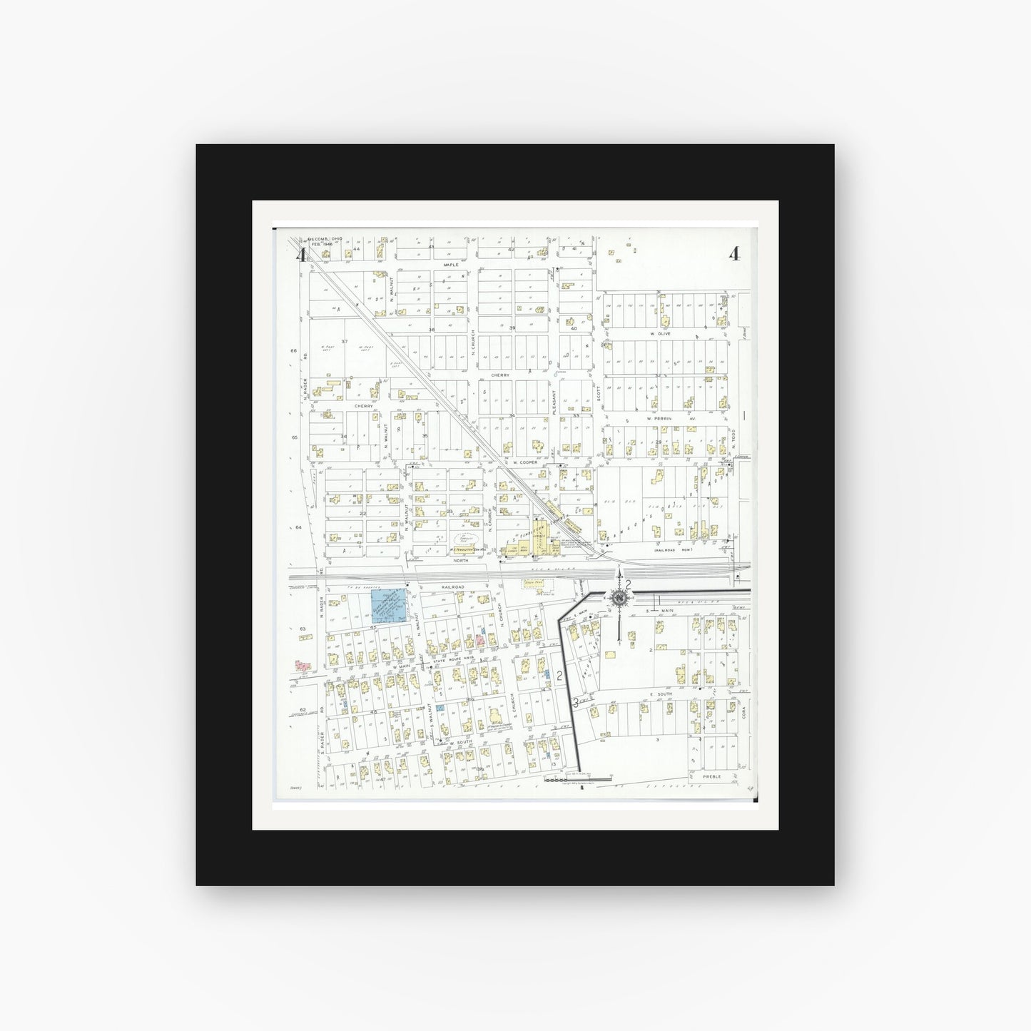 Old map wall art mockup — black gallery frame with white mat — Sanborn Fire Insurance Map from McComb, Hancock County, Ohio (1946), Sheet #0004