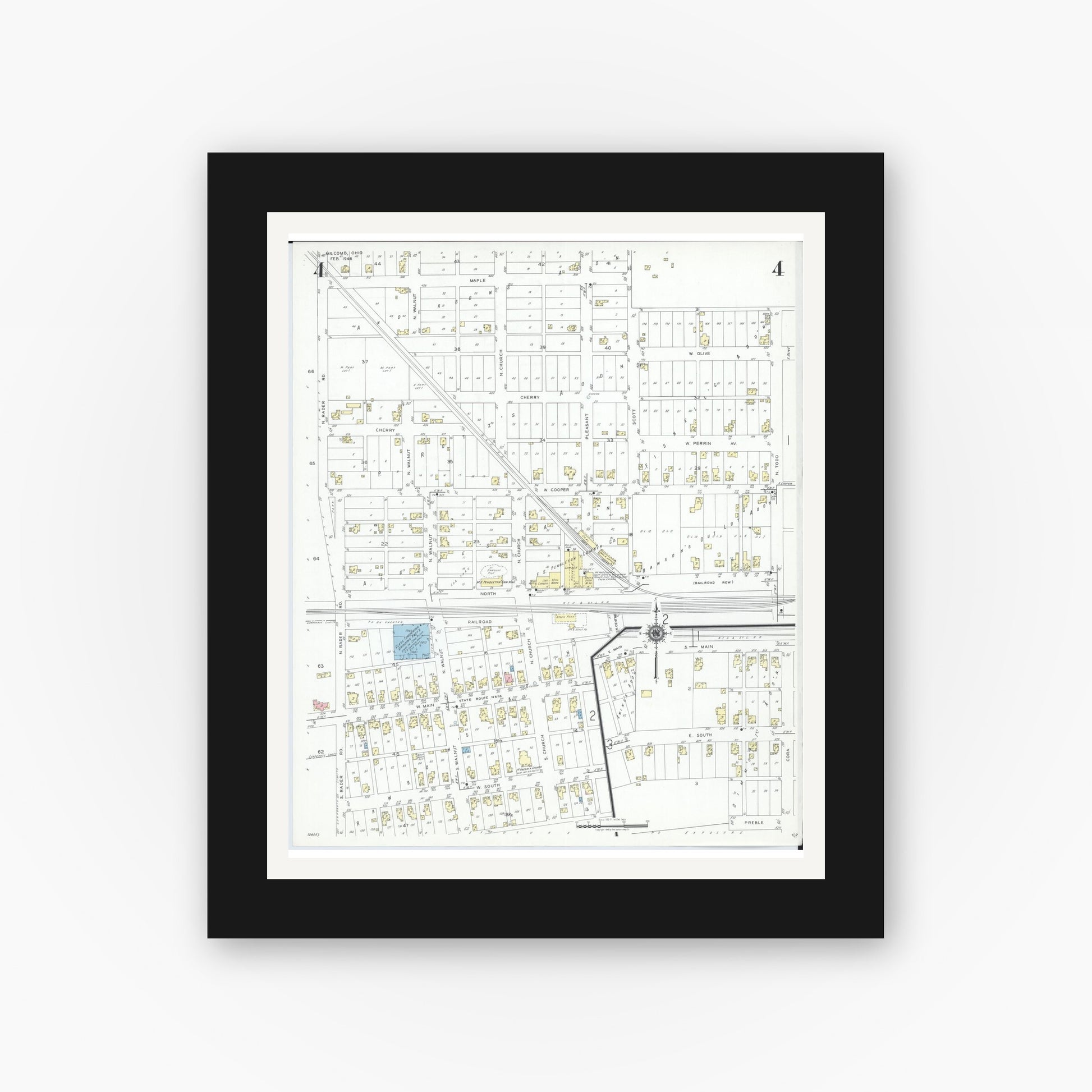 Old map wall art mockup — black gallery frame with white mat — Sanborn Fire Insurance Map from McComb, Hancock County, Ohio (1946), Sheet #0004