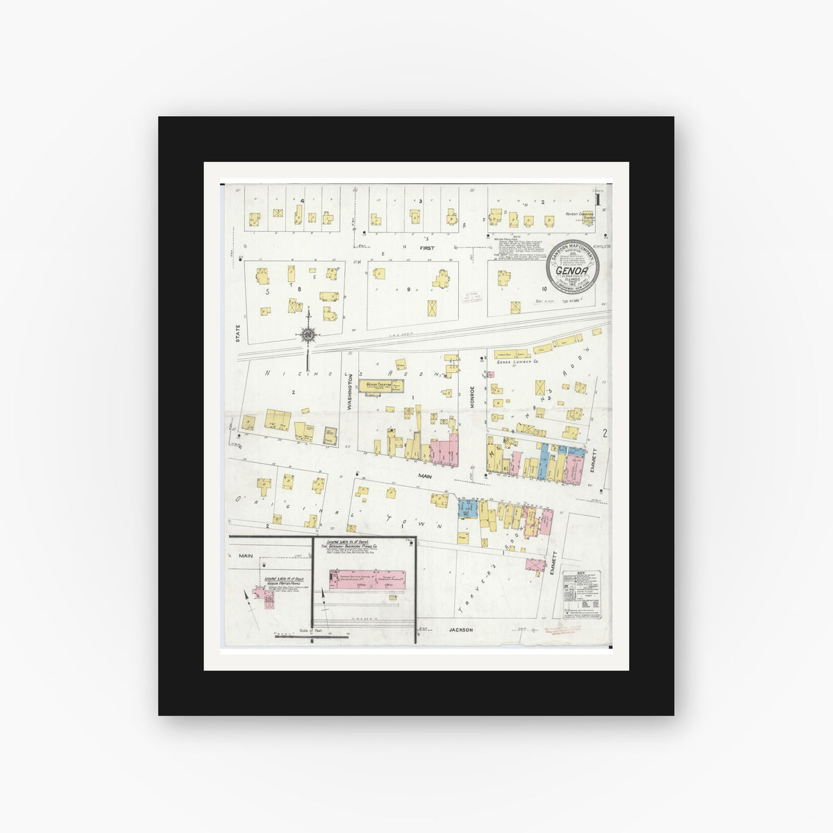 Old map wall art mockup — black gallery frame with white mat — Sanborn Fire Insurance Map from Genoa, De Kalb County, Illinois (1912) - Complete Map Set