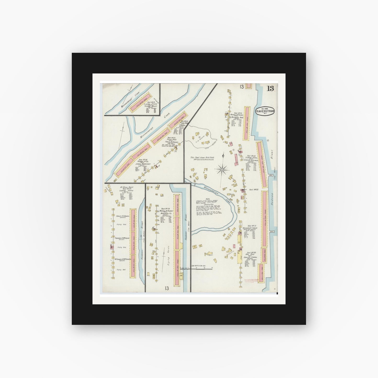 Old map wall art mockup — black gallery frame with white mat — Sanborn Fire Insurance Map from Haverstraw, Rockland County, New York (1896), Sheet #0013