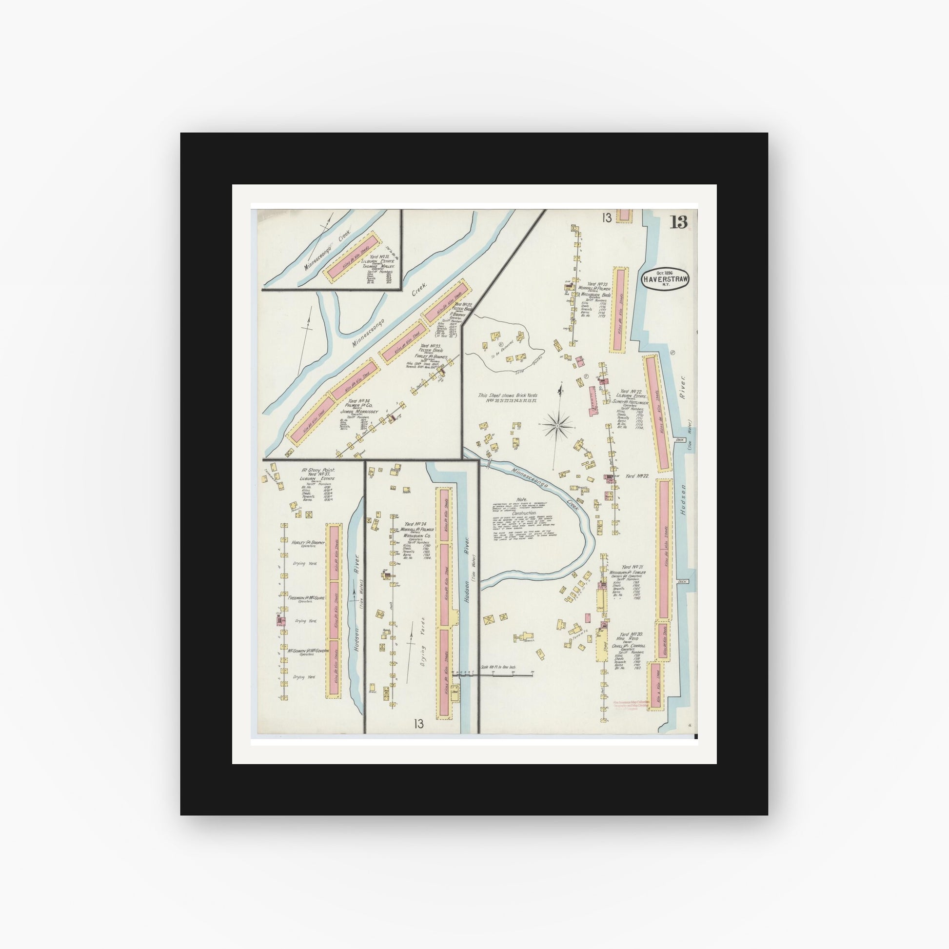 Old map wall art mockup — black gallery frame with white mat — Sanborn Fire Insurance Map from Haverstraw, Rockland County, New York (1896), Sheet #0013