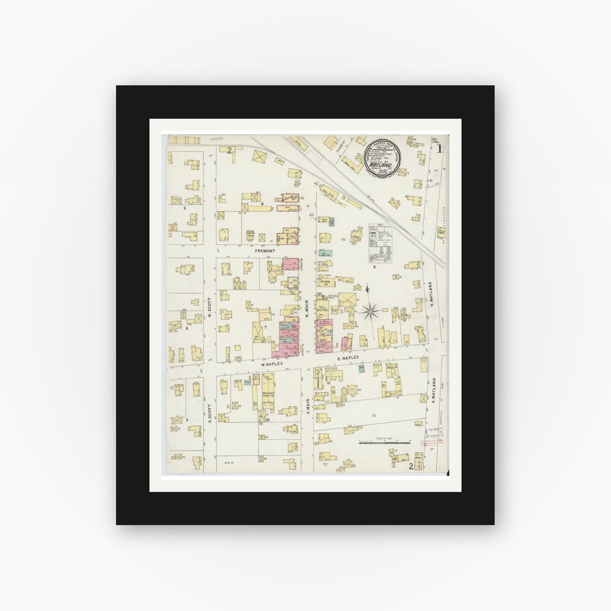 Old map wall art mockup — black gallery frame with white mat — Sanborn Fire Insurance Map from Wayland, Steuben County, New York (1897) - Complete Map Set