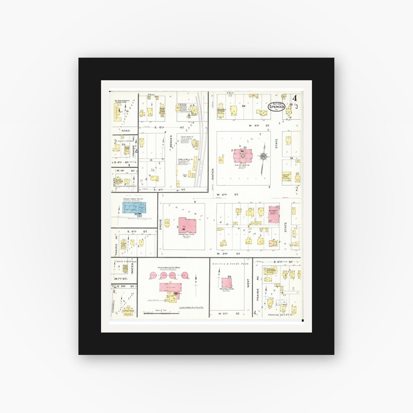 Old map wall art mockup — black gallery frame with white mat — Sanborn Fire Insurance Map from Spencer, Clay County, Iowa (1909), Sheet #0004
