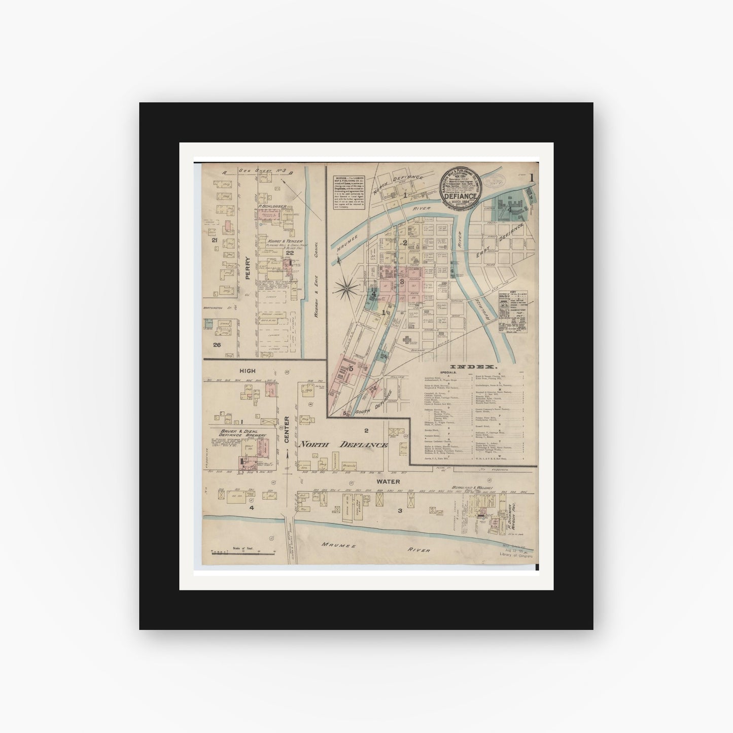Old map wall art mockup — black gallery frame with white mat — Sanborn Fire Insurance Map from Defiance, Defiance County, Ohio (1884), Sheet #0001