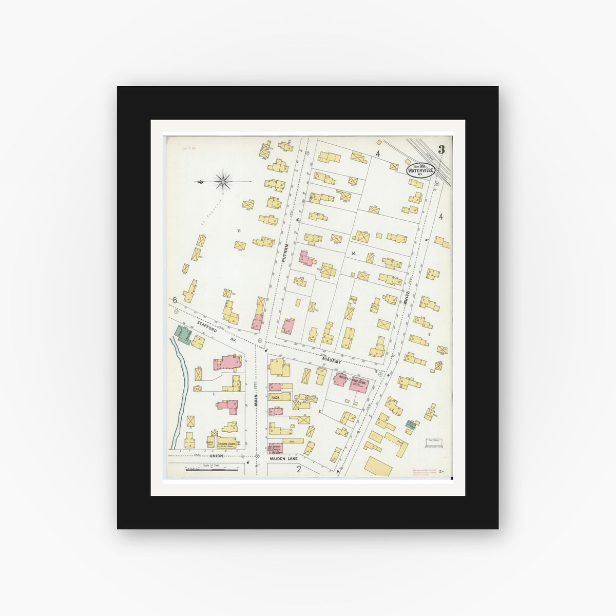 Old map wall art mockup — black gallery frame with white mat — Sanborn Fire Insurance Map from Waterville, Oneida County, New York (1899), Sheet #0003