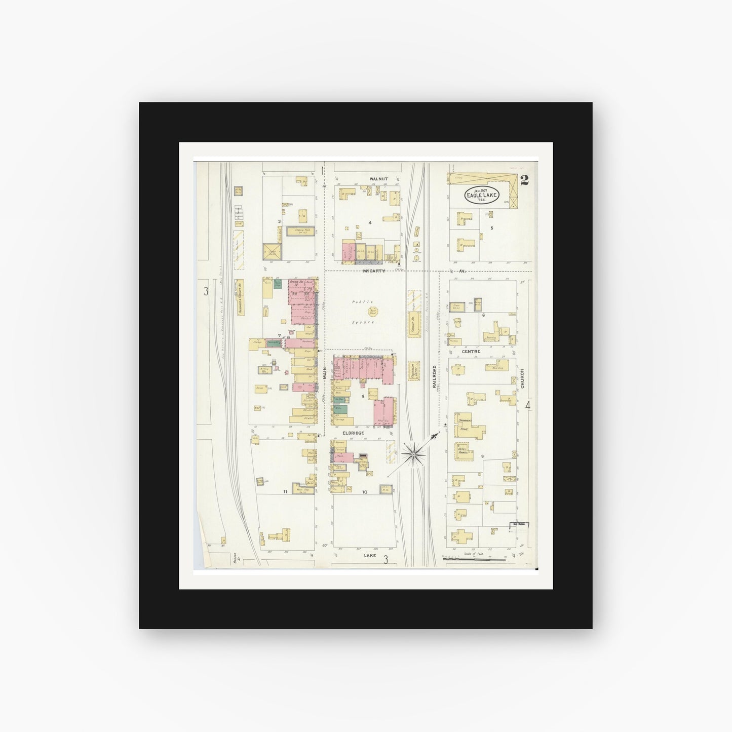 Old map wall art mockup — black gallery frame with white mat — Sanborn Fire Insurance Map from Eagle Lake, Colorado County, Texas (1907), Sheet #0002