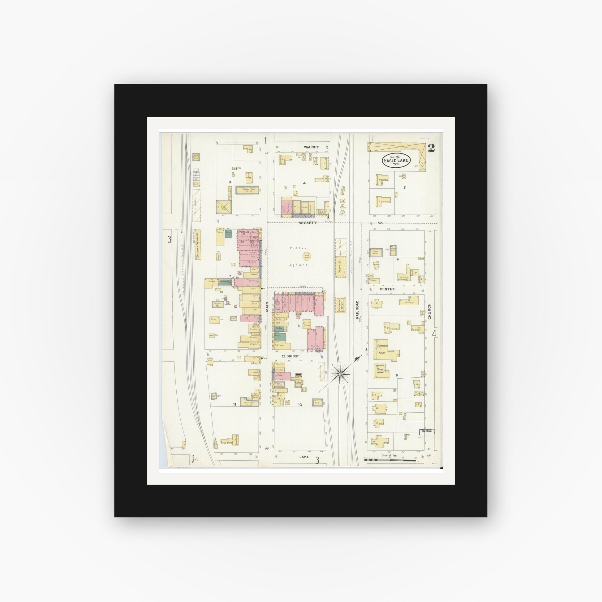 Old map wall art mockup — black gallery frame with white mat — Sanborn Fire Insurance Map from Eagle Lake, Colorado County, Texas (1907), Sheet #0002