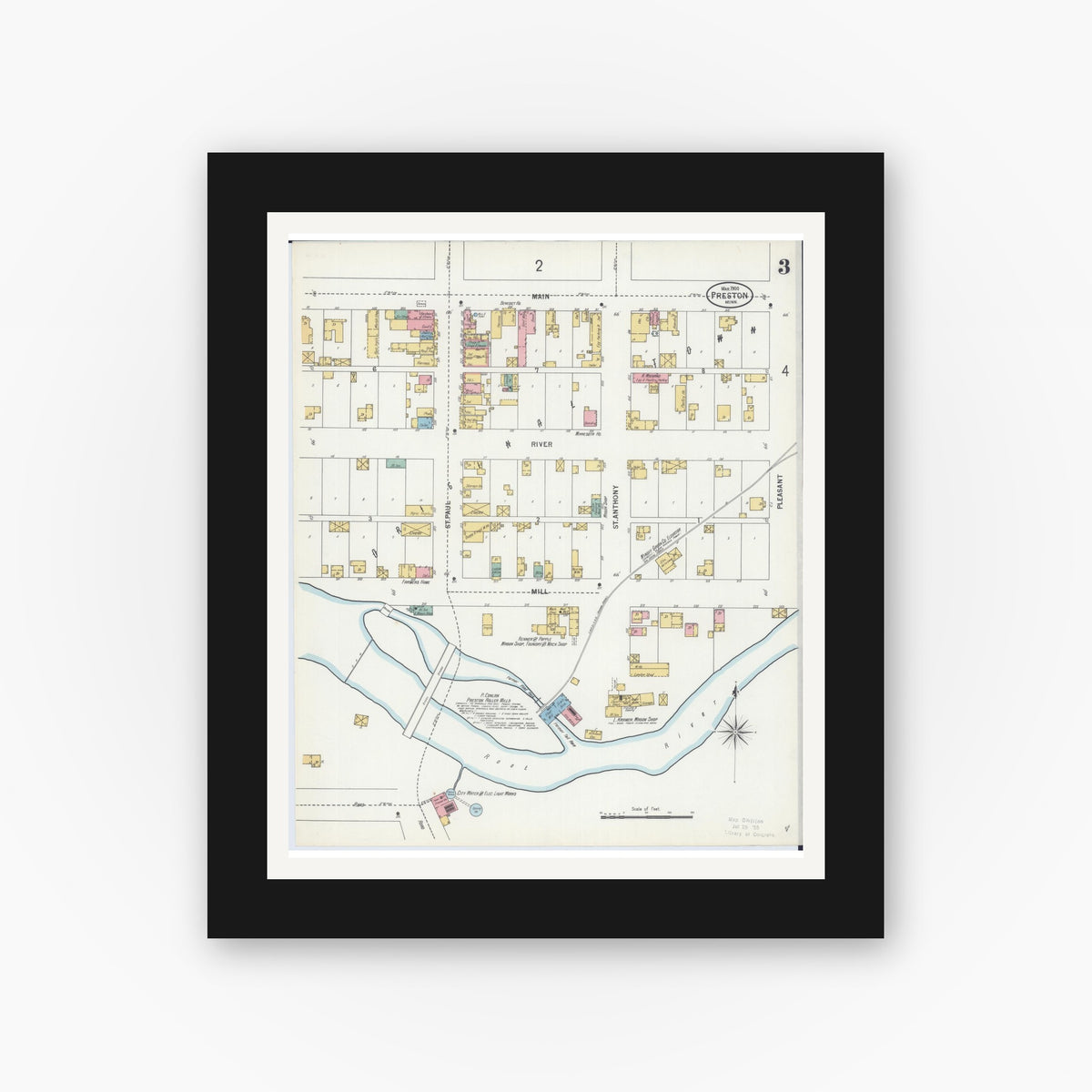 Old map wall art mockup — black gallery frame with white mat — Sanborn Fire Insurance Map from Preston, Fillmore County, Minnesota (1900), Sheet #0003